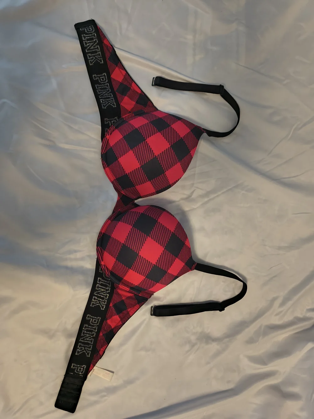 PINK Victoria's Secret Red and Black Buffalo Plaid Logo Band T-Shirt Bra